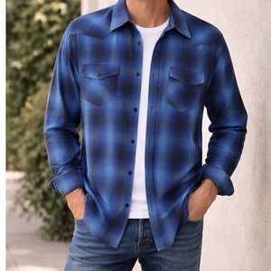 Rock and Roll Cowboy Mens Blue Ombre Plaid Western Pearl Snap Shirt XXL